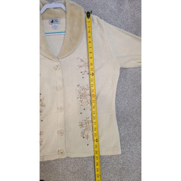 VTG J Two New York Womens Cardigan XXL Cream Faux Fur Collar Sequins Snowflakes - Picture 5 of 13